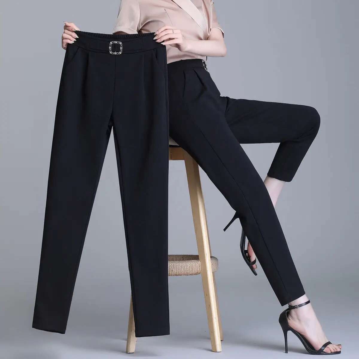 Office Lady Solid All-Match Suit Pants Spring Summer Thin Street Fashion Koreon Women Elastic High Waist Slim Pencil Trousers