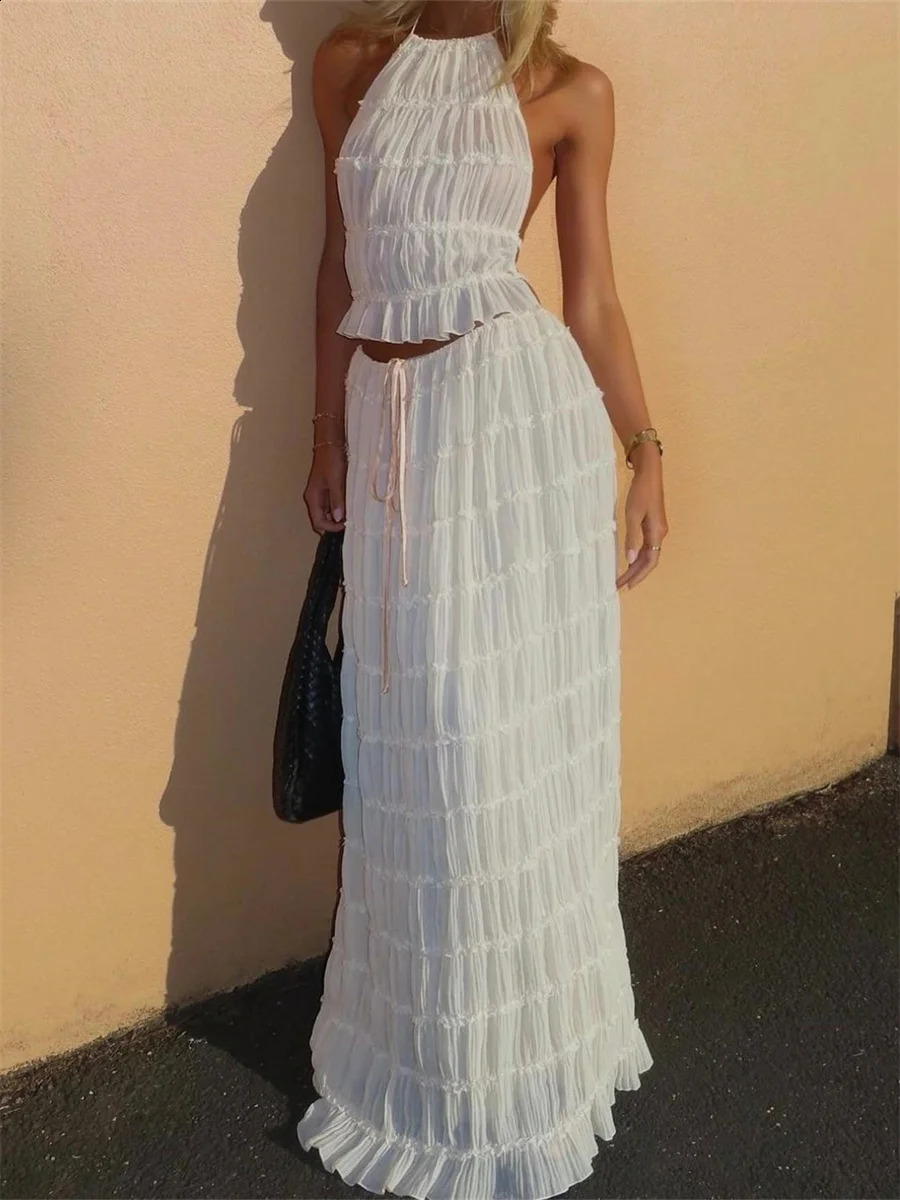 Fashion Solid Halter Neck Long Skirt Suit Women Backless Sling Top Lace Up Fold Maxi Skirts 2024 Elegant Ladies 2 Piece Set 250317