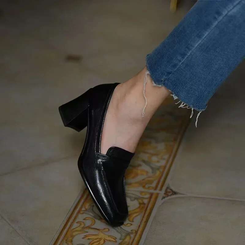 Autumn Women's High New Fashion Shallow Square Toe Chunky Heel Slip on for Women Dress Students Mary Jane Shoes