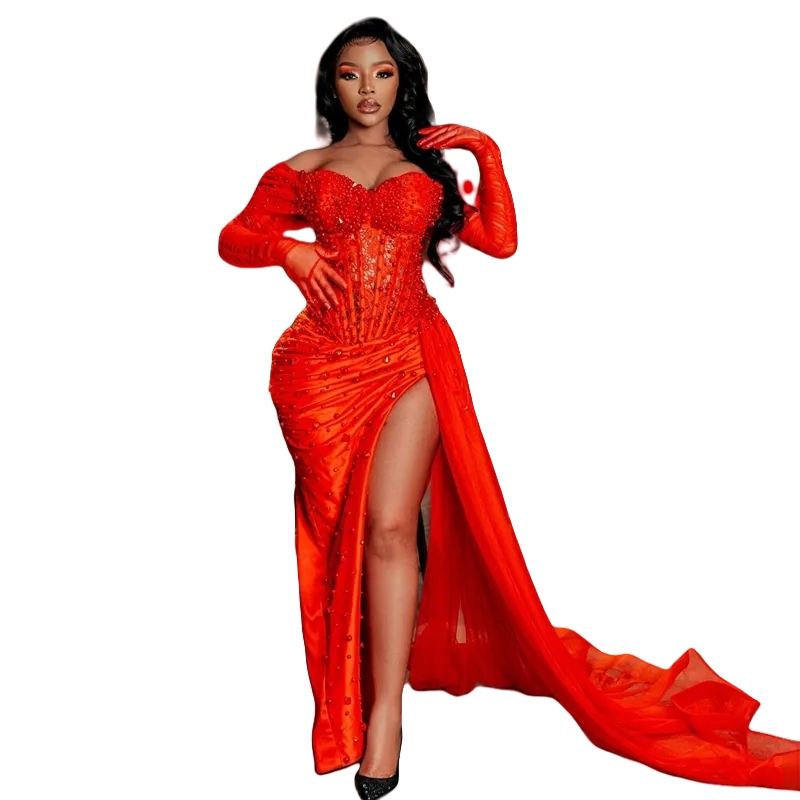 Arabic African Pearls Beaded Sheath Long Prom Dresses Side High Slit Off Shoulder Sexy Evening Gown Long Sleeves Pageant Party Dress With Peplum