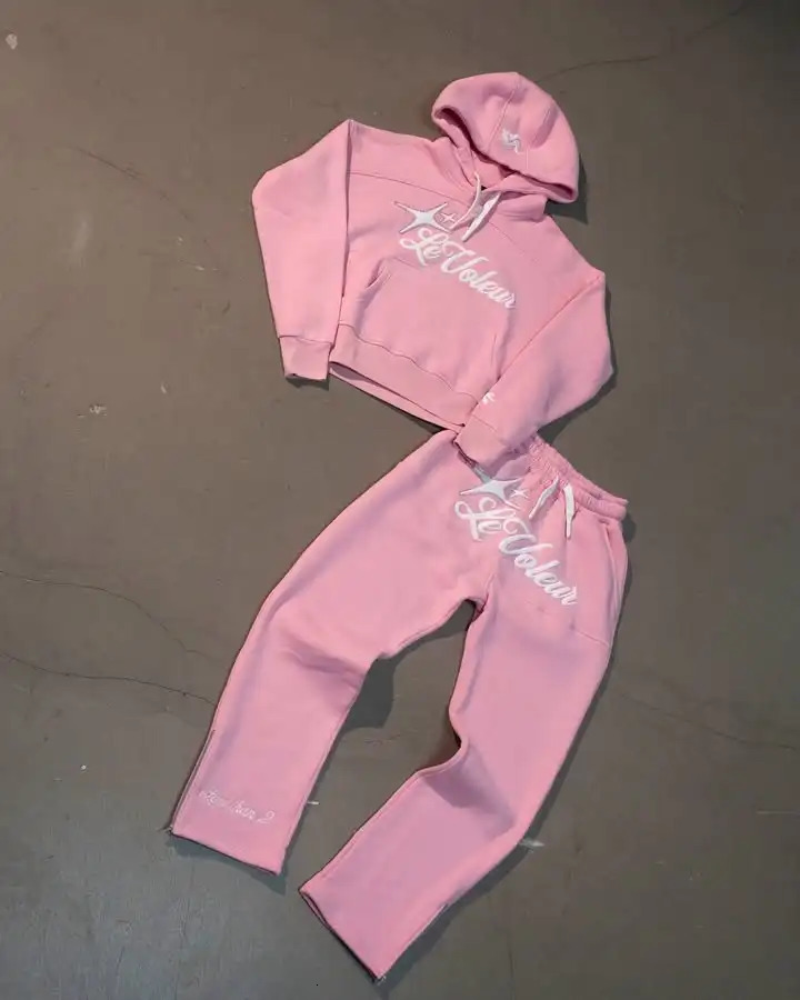 American Womens Hoodie Sweatpants Y2K Two Piece Set Gothic Letter Graphic Oversized Sweatshirt Drawstring Casual Pants Set 250324