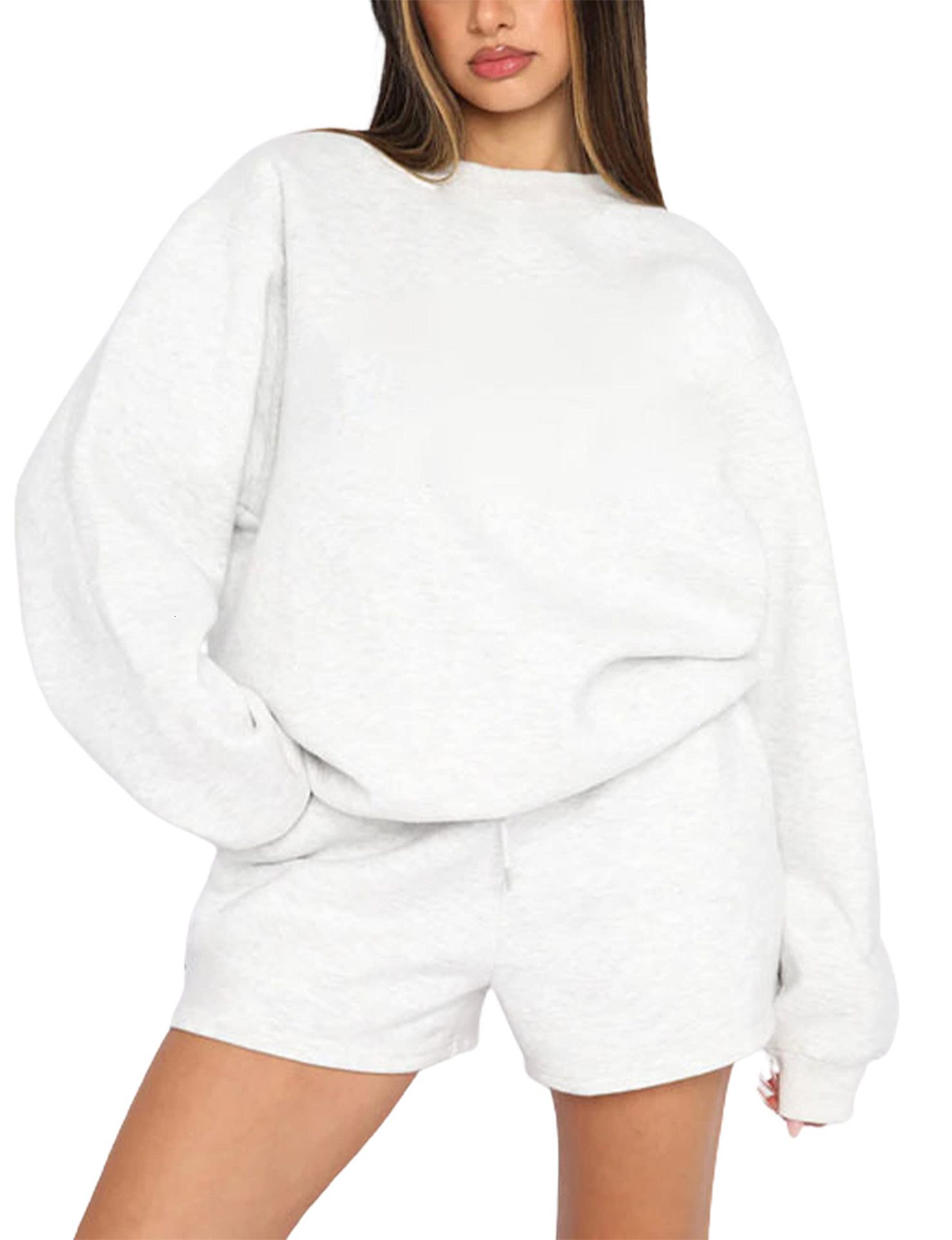 2025 Spring and Autumn Solid Color Round Neck Long Sleeve Hoodie Women's Fashion Casual Shorts Set