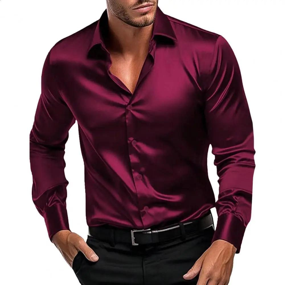 Summer Mens Shirt Long Sleeve Shirt Party Evening Dress Holiday Top T-shirt Silk Red Golden Ceremony Top 250319