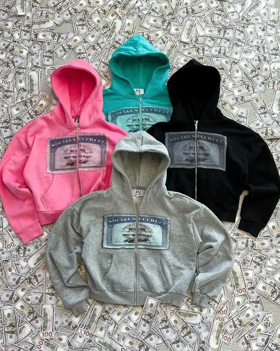 Grey hoodie mens sportswear streetwear money pattern printed zipper retro long sleeved American punk winter warmth 250324