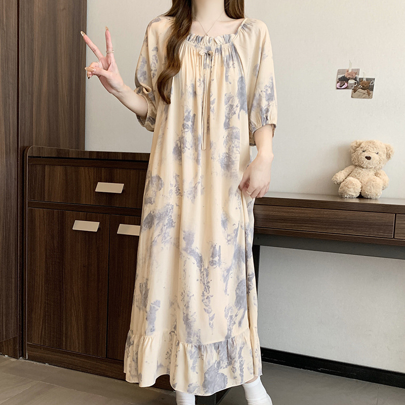 K195 Spring and summer thin short-sleeved long skirt air-conditioning clothing long skirt loose large size dress