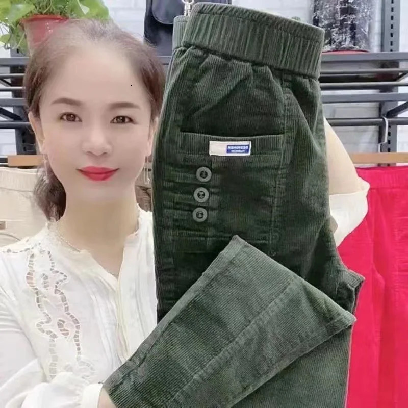 Elegant womens streetwear Korean fashion casual pants solid Corduroy Harlan button pocket autumn and winter 250324Z