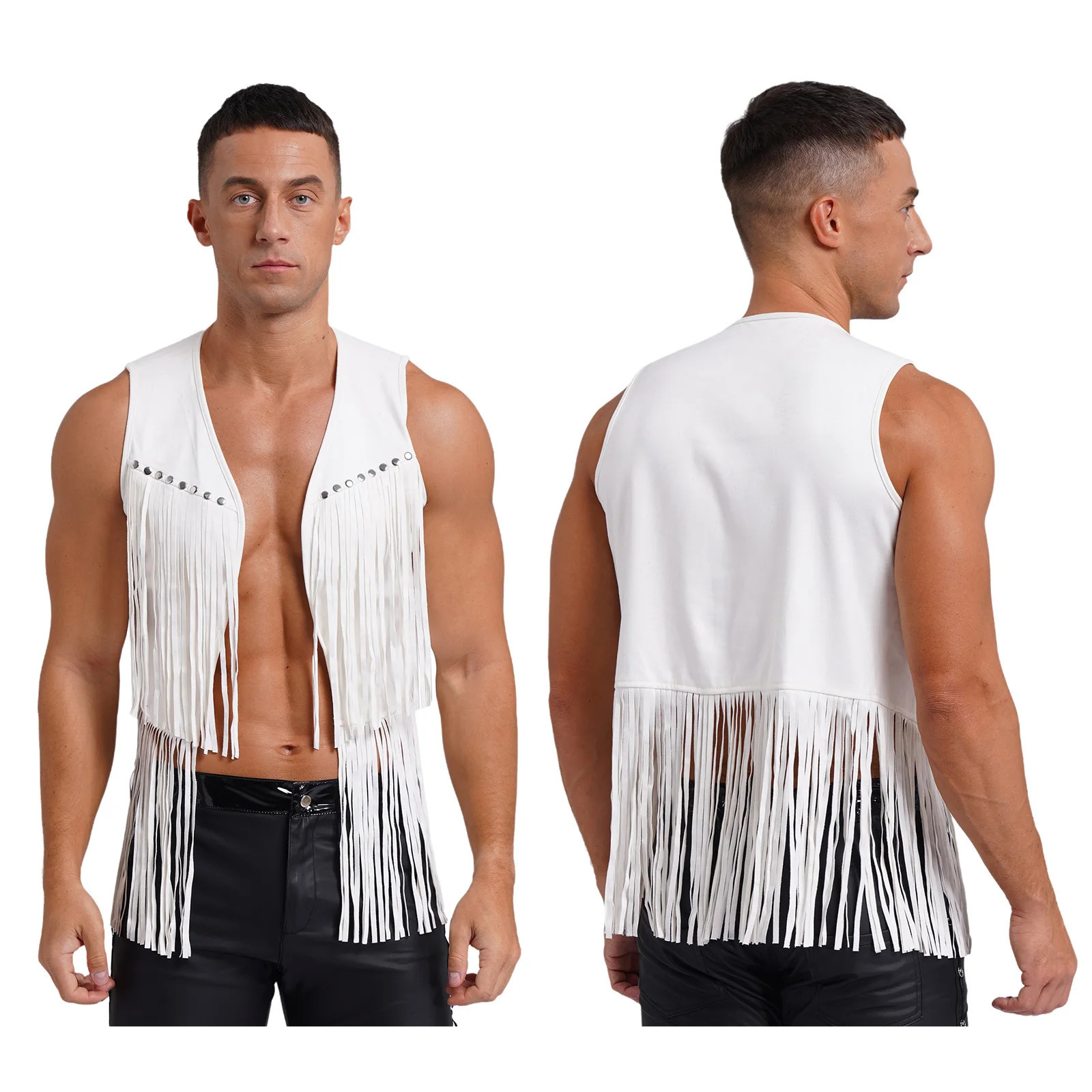 Brown Leather Men Fringe Vest Sleeveless Tassels Vintage Western Cowboy Cardigan Waistcoat Jacket Streetwear Halloween Cosplay 250321