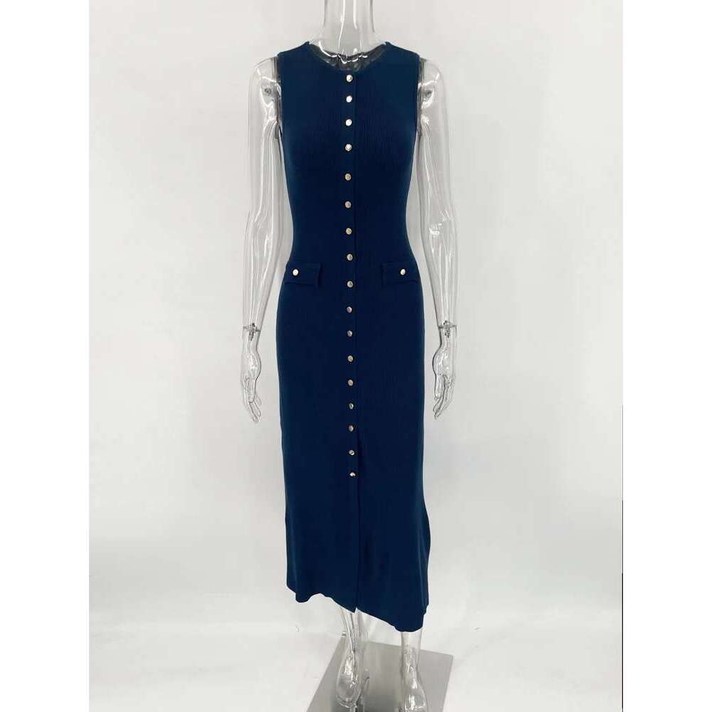 Tossy Knit Ribbed Cardigan Maxi Female High Waist Slim Pocket Sleeveless Elegant Party Women's Knitwear Long Dress