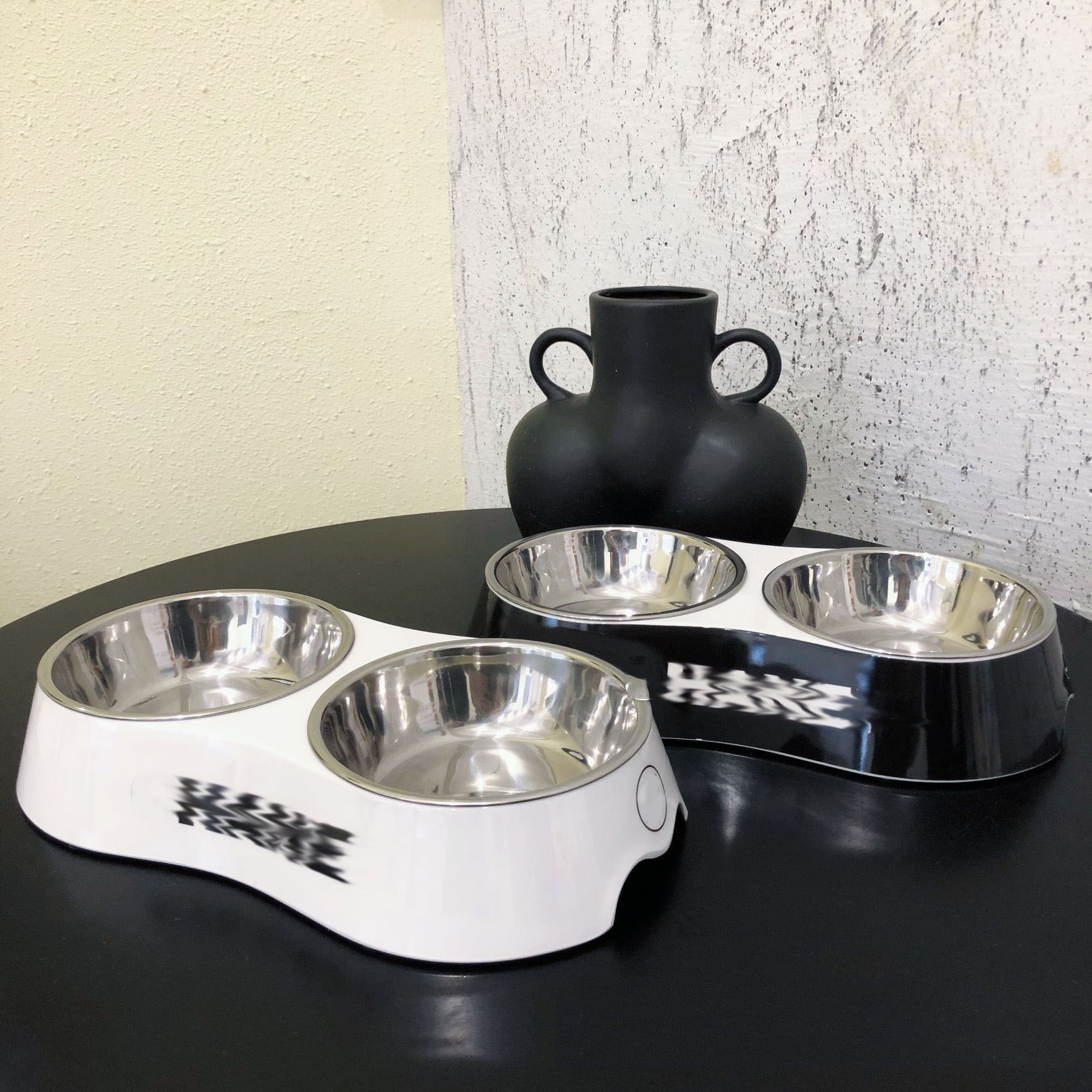 Designer Black White Pink Double Letter Printed Pet Drinking Bowl Cat Dog Food Set