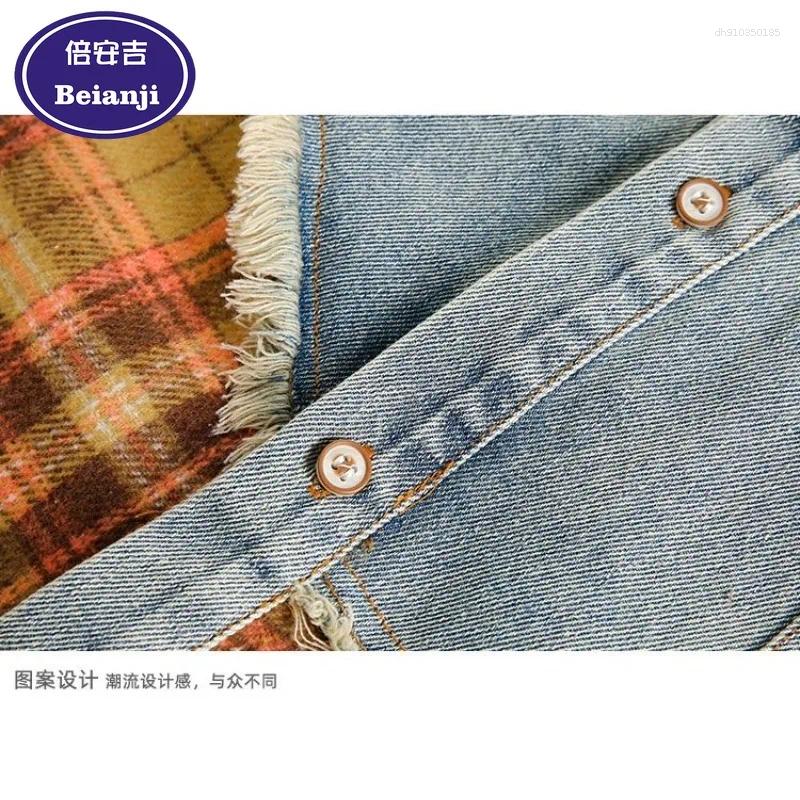 Men's Jackets Beianji Trendy Brand Clothing Design Sense Splicing Hip-hop Plaid Denim Jacket Unisex American High Street Couple's