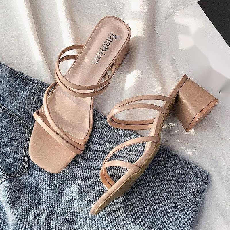 Black Thin Sandals Fairy New Mid Heel Sandals for Women