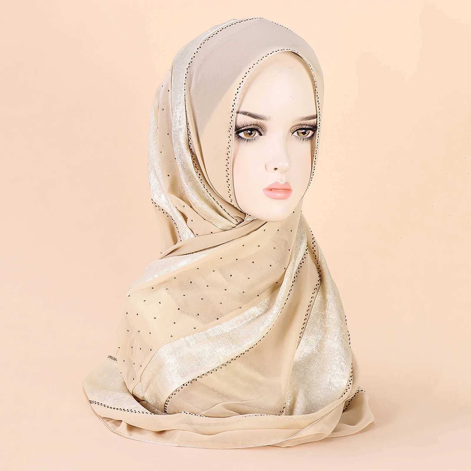 Middle East New Gold Craft Fabric Spl Chiffon Handmade Diamond Decorative Edition Muslim Wen Band Scarf Headscarf X250324