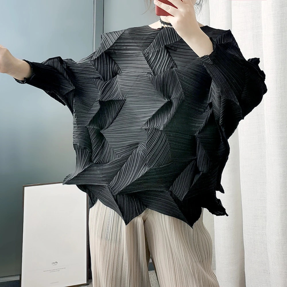 Miyake pleated Tshirt casual folding top 2025 summer round neck irregular plus loose womens clothing 250324