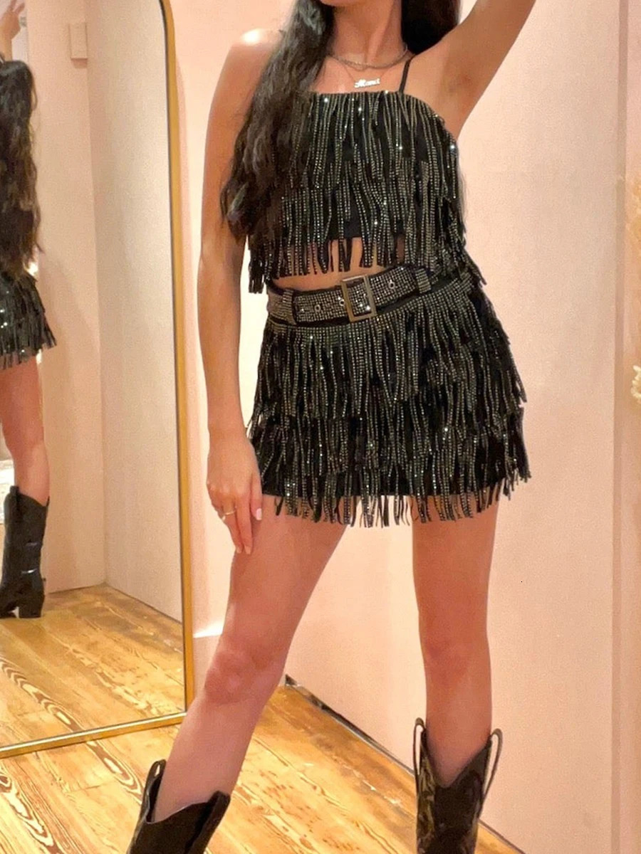 Womens Summer 2PCS Outfit Sets Sleeveless Sequins Sling Vest Tassel Mini Skirt with Belt 250324