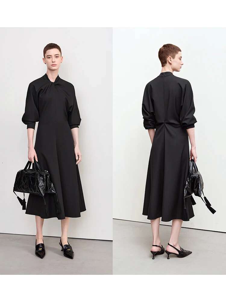 Amii Minimalism 2024 Autumn New Dresses Stand Collar Twist Pleat Waist Long-sleeve Office Lady Dress for Women 12453014