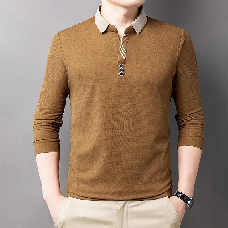 Mens casual striped plain long sleeved polo shirt fashionable solid top 250312