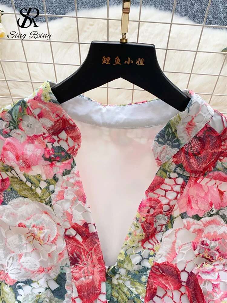 SINGREINY Spring Ral Print Short V Neck Lantern Sleeves Embroidery Design Hollow Out Chic A E Beachwear Female Dress