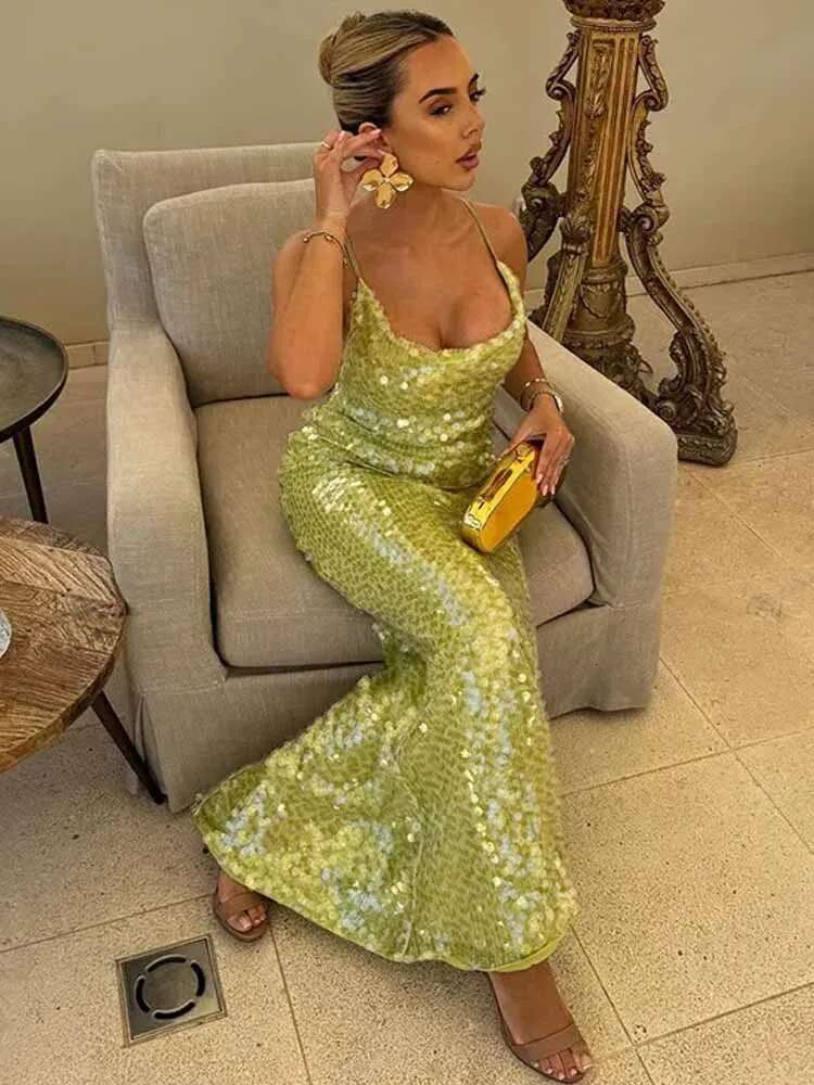 BKQU Sequins Sexy Backless Maxi Dress Women Cross Halter Fashion U Neck Slim Glitter Evening Robe 2025 Summer Lady Beach Dresses