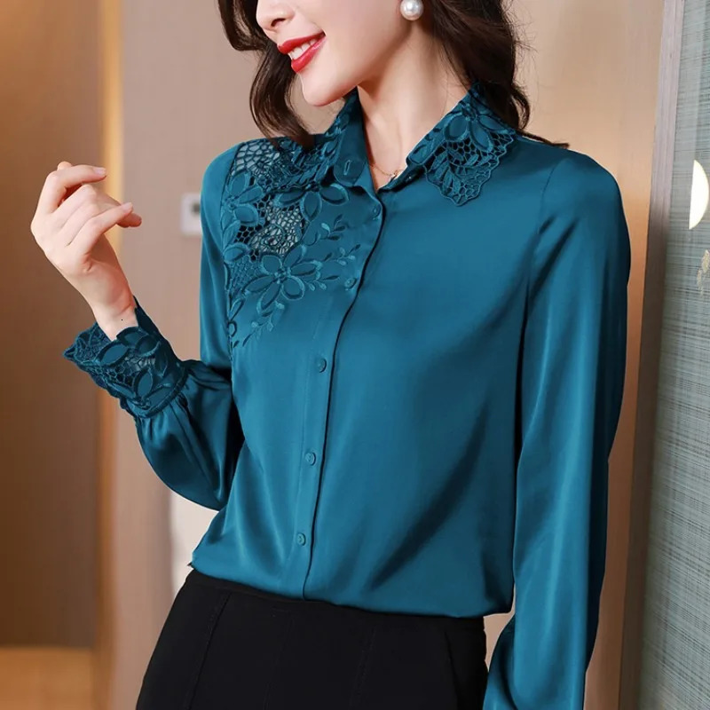 Wxw2559 Spring/Summer Satin Womens Casual Set Black Red Blue Office Shirt Womens Long Sleeve Elegant Embroidered Hollow 250318