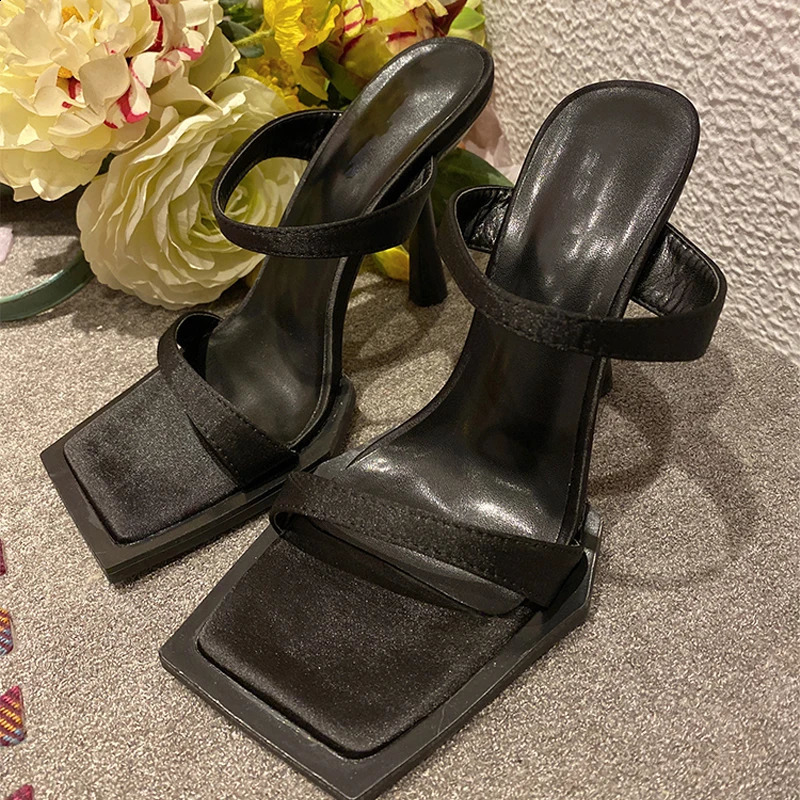 Summer Fashion Silk Satin Slippers Women Open Square Head Thin High Heel Sexy Party Shoes Females Sandals Stilettos Black 250322