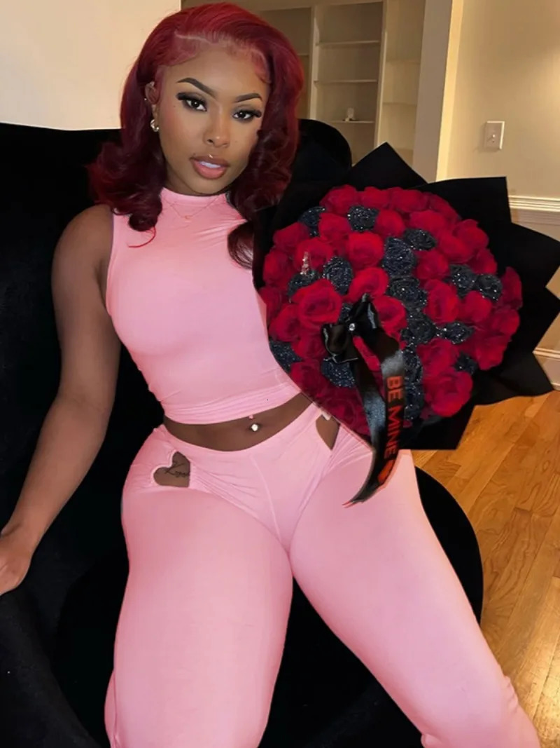 Womens Loving Heart Cut Out Pink Tracksuits 2025 Chic Sleeveless T-shirt Top and Pants 2 Pieces Set Holiday Outfit Streetwear 250324