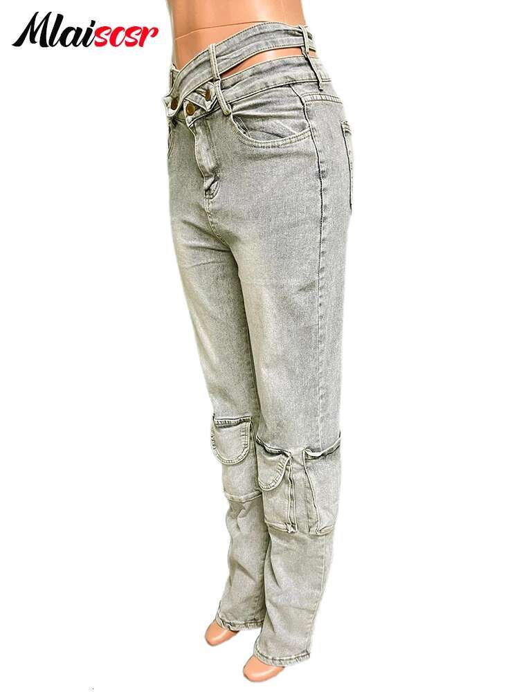 Mlaiscsr Vintage Stretch Denim Pants Women Buttons Pocket Patchwork High Waist Cargo Jeans Autumn Winter Bottoms Y2k Streetwear