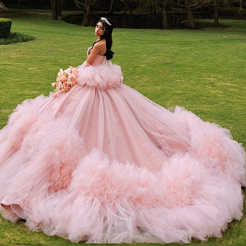Pink Princess Quinceanera Dresses Beads Tull Tiered Sweet 16 Dress Sweetheart Off Shoulder Ball Gown Vestidos 15 De Anos