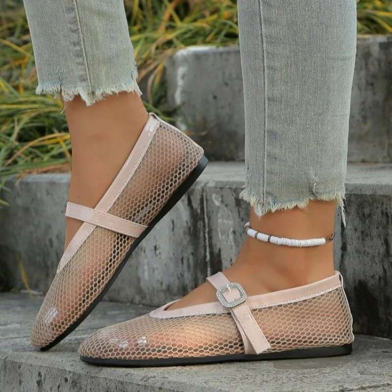 Summer Hollow Mesh Women Ballet Flats Round Toe Mary Jane Shoes Breathable Sandals 2025 Solid Color Buckle Strap Ladies Footwear