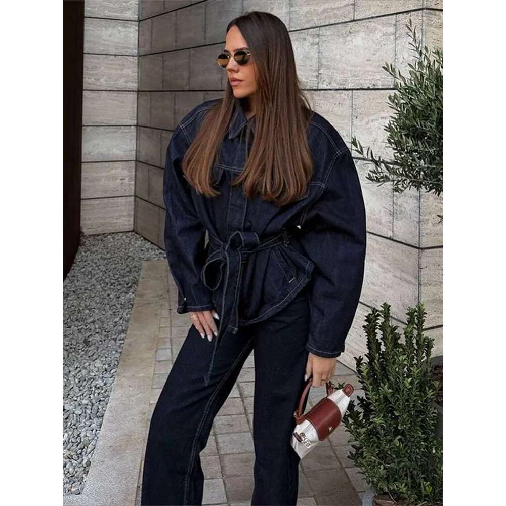 2025 Spring Women's Two Pieces Set With Trousers Loose Lace Up Pockets Coat High Waist Pants Chic Denim Ladies Suit Commuting