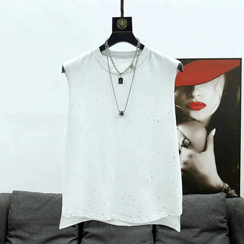 Mens vest starry sky hole retro vest summer casual sports gym fashionable Korean round neck top mens clothing 2024 unisex X250324