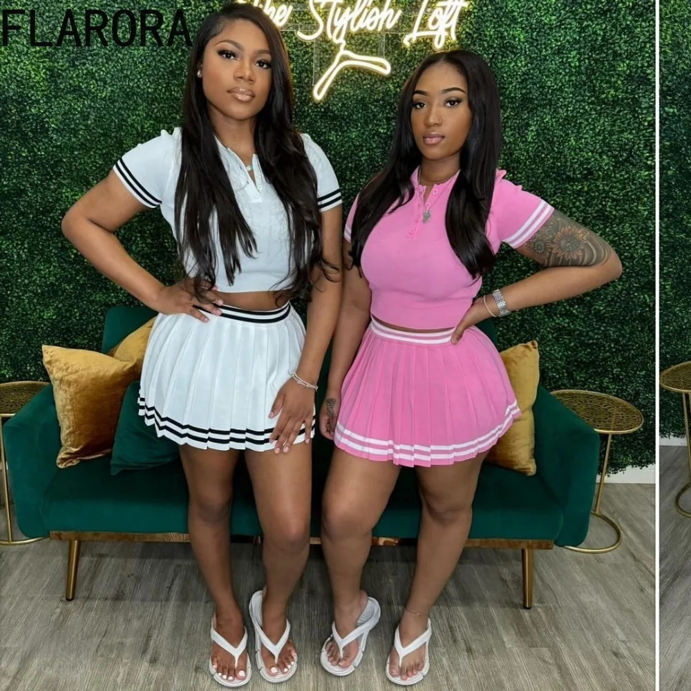 FLARORA Fashion College Style Stripe Splicing Pleated Mini Skirts Two Piece Sets Y2k Woman Polo-collar Tops And Skirts Outfits 250320