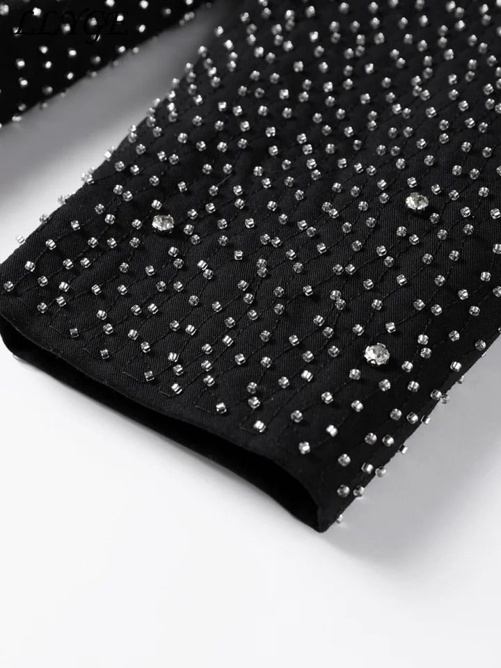 Fashion rhinestone jacket shorts set for women loose collar full sleeve jacket wide leg shorts autumn womens elegant set 250322