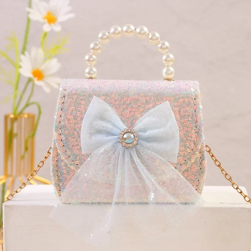Fashion lace bow childrens shoulder bag pink glitter coin wallet girl pearl handbag Korean princess chain cross body bag 250322