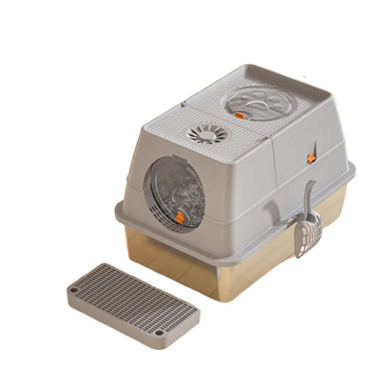 Stainless Steel Litter Box with Dog-Proof Hooded with Filter Lid & Scoop for Low Tracking Enclosed Cat Litter Boxes for Anti-Leakage Metal Litter Pan