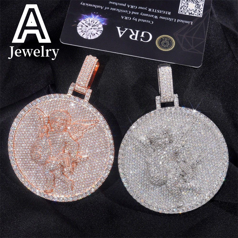 Iced Out Jewelry 3D Design Angel Moissanite Solid Circle Pendant 2.5 inches 925 Hip Hop Rapper Moissanite Pendant