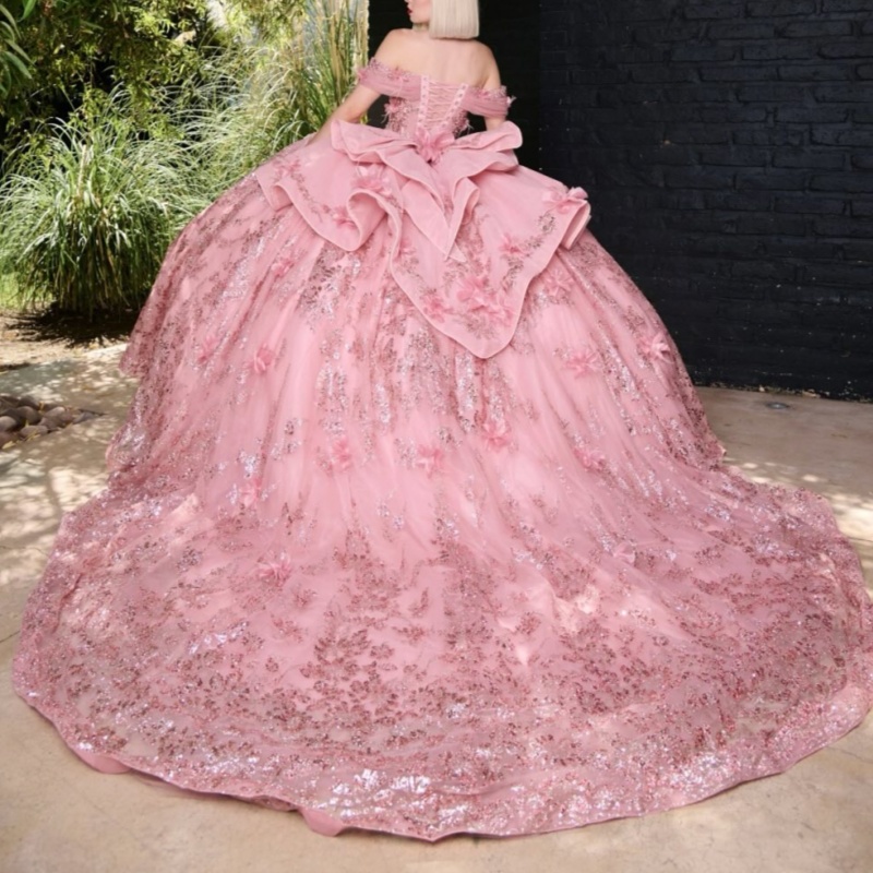 Pink Shiny Quinceanera Dresses Off Shoulder Ball Gown Sweet 16 Dress Beads Sequin Appliques Lace Bow Tull Corset Birthday Party Vestidos De 15 Anos