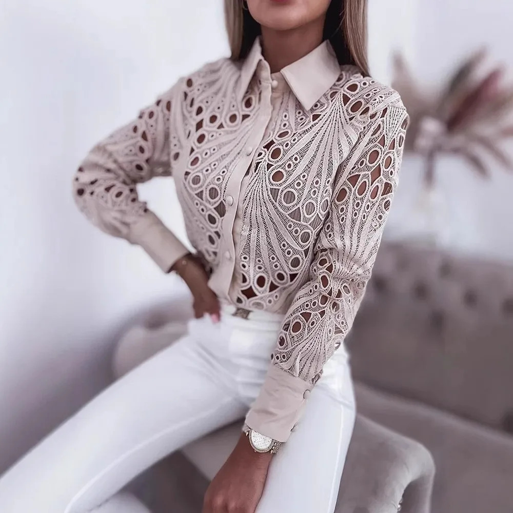 Fashion Lace Hollow Long Sleeve Shirt For Women Spring Autumn Elegant Office Lady Blouse And Tops Casual Button Shirts 250318
