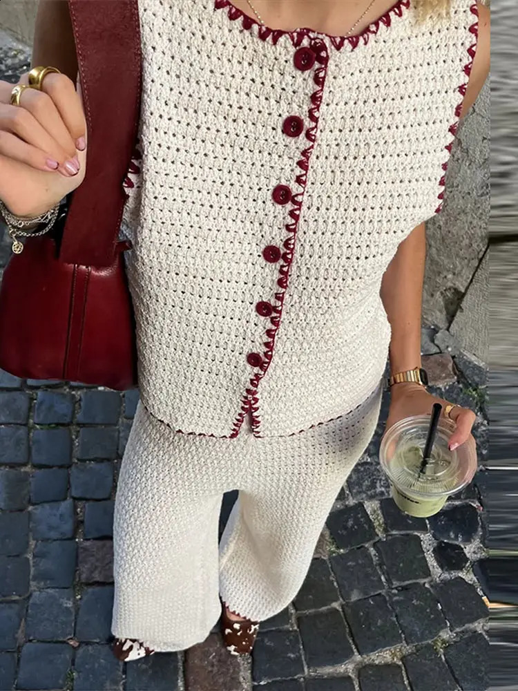Color Contrast Knitted Vest Top Pants 2Piece Set Round Neck Sleeveless Waistcoat Cardigan Sweater Knitwear High-Waisted Trousers 250324