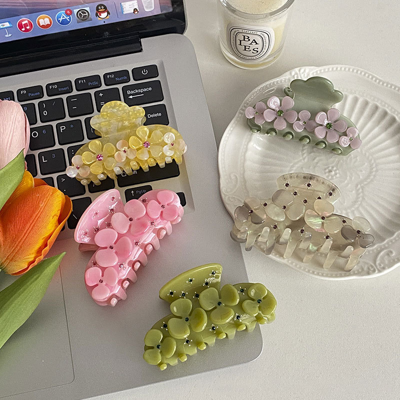 Heavy Acetate Flower Series Small Fresh Medium Acetate Stereoscopic Flowers Colorful Diamonds Hair Grip Female Long Hair Clips
