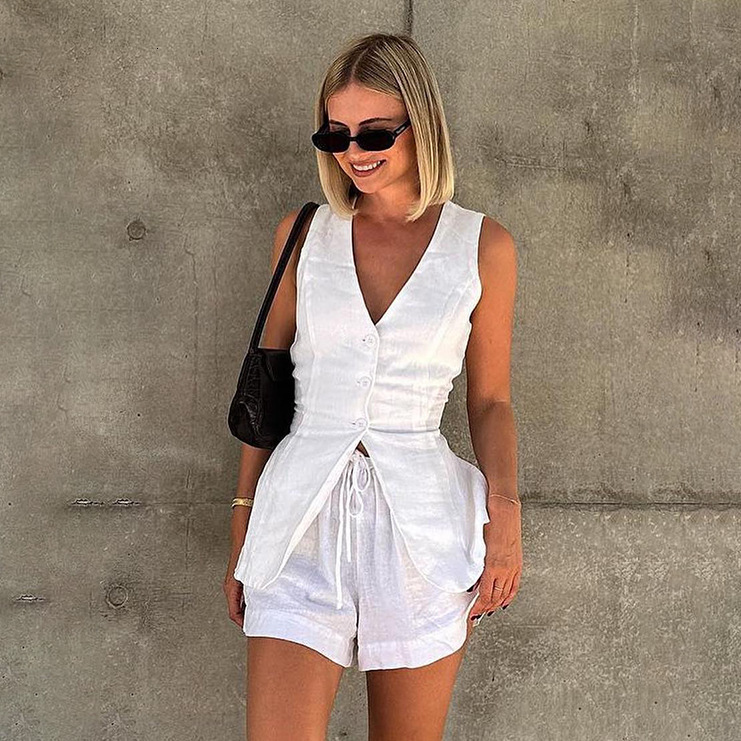 Cotton and linen 2025 summer new simple solid color vest shorts casual set