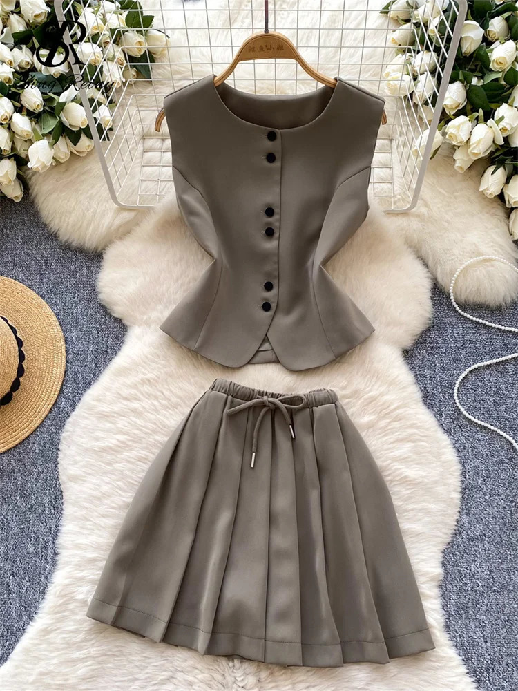 SINGREENY Elegant Solid OL Set Single Chest ShirtDrawstring Mini Wrinkle Skiing 2025 Summer Womens Two Piece 250322