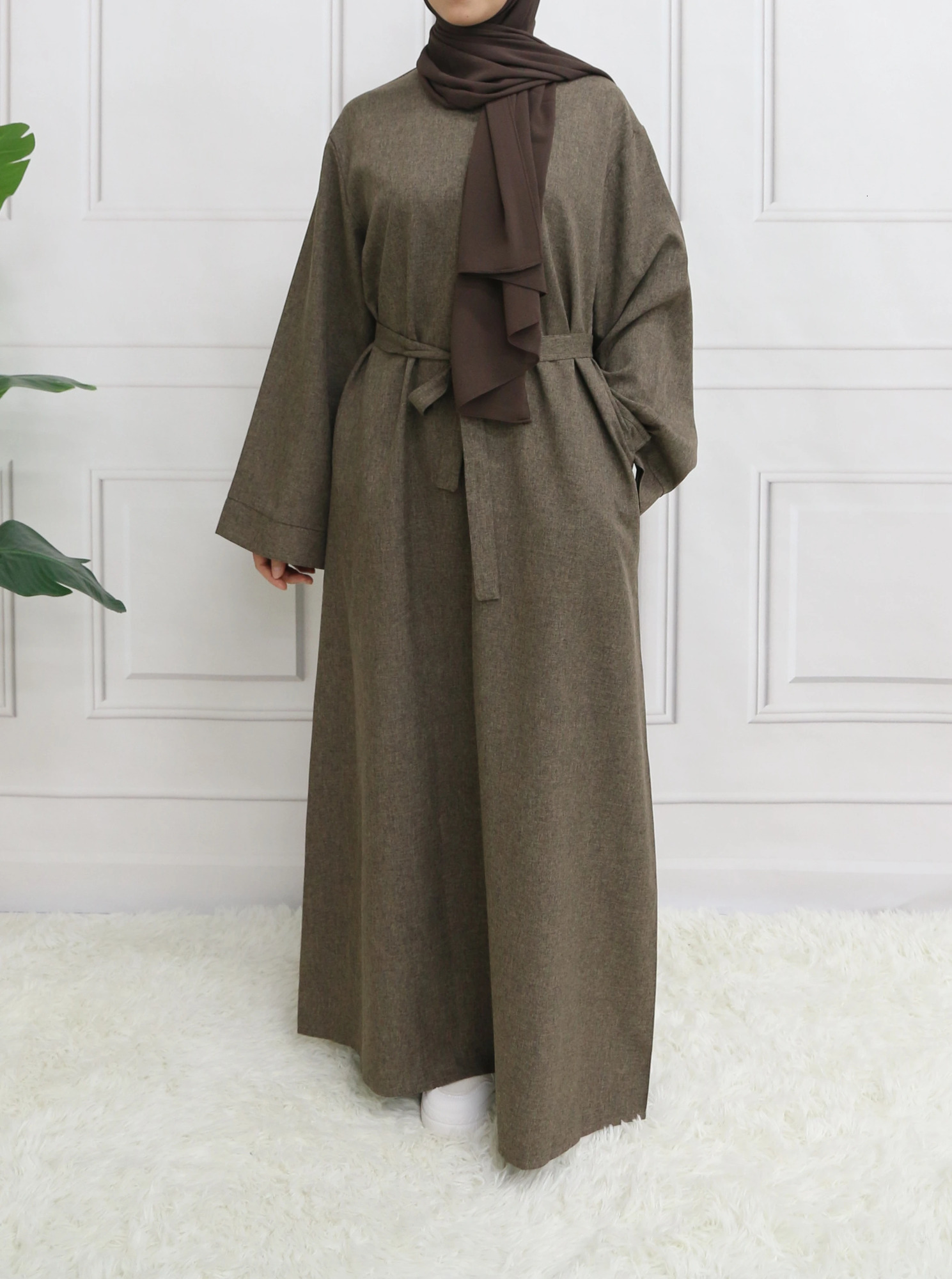 Modest Closed Plain Long Sleeve Abaya Without Hijab With Belt Basic Islamic Eid Clothes Dress 250324