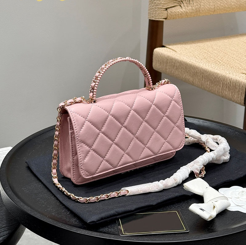 Two-Tone Braided Metal Handle Women Flap Wallet Bag Matelasse Chain Lambskin Leather Gold Hardware Coin Purse Pink Diamond Shoulder Tote Lovely Handbag 19x12cm