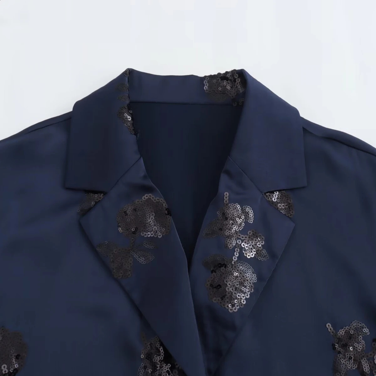 ZBZA Womens Sequined Kimono Long-sleeved Lapel Tie Side Slit Top High Waist Zipper Straight Pants Spring Summer Chic Suit 250324