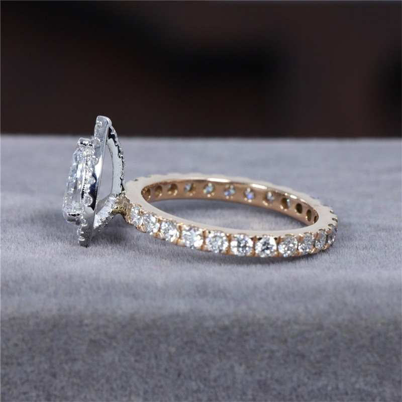 Jewelry 0.70 Carat Pear Cut Lab Diamond Halo Two Tones Fashion Style Engagement Solid Gold Ring For Women 18K 14K Real Gold