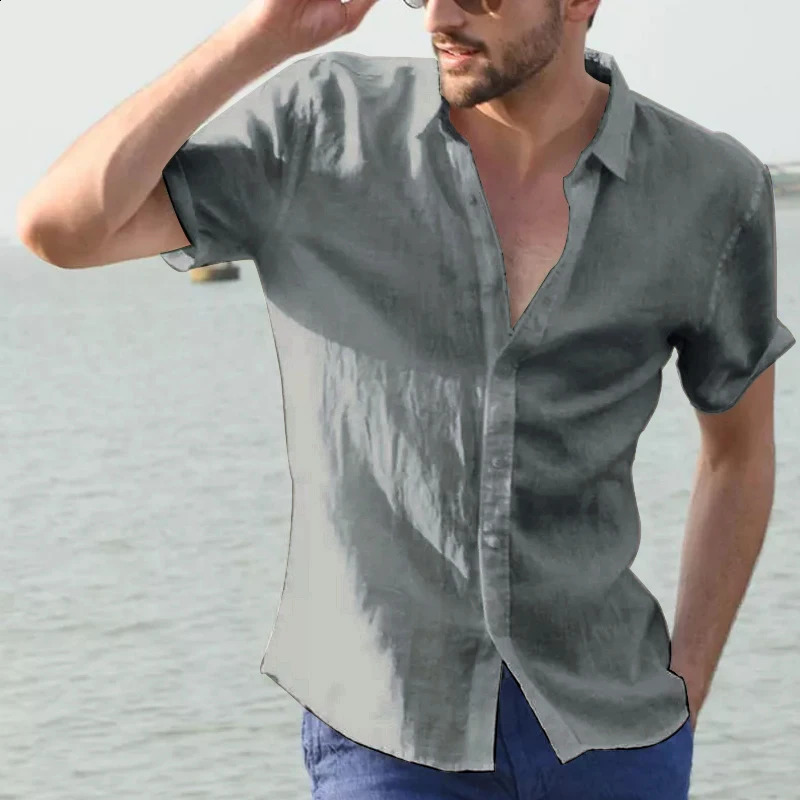 Mens Casual Short Sleeve Shirts Leisure Street Wear Lapel Button-down Solid Color Shirts for Men Vintage Vacation Blouse M-3XL 250319