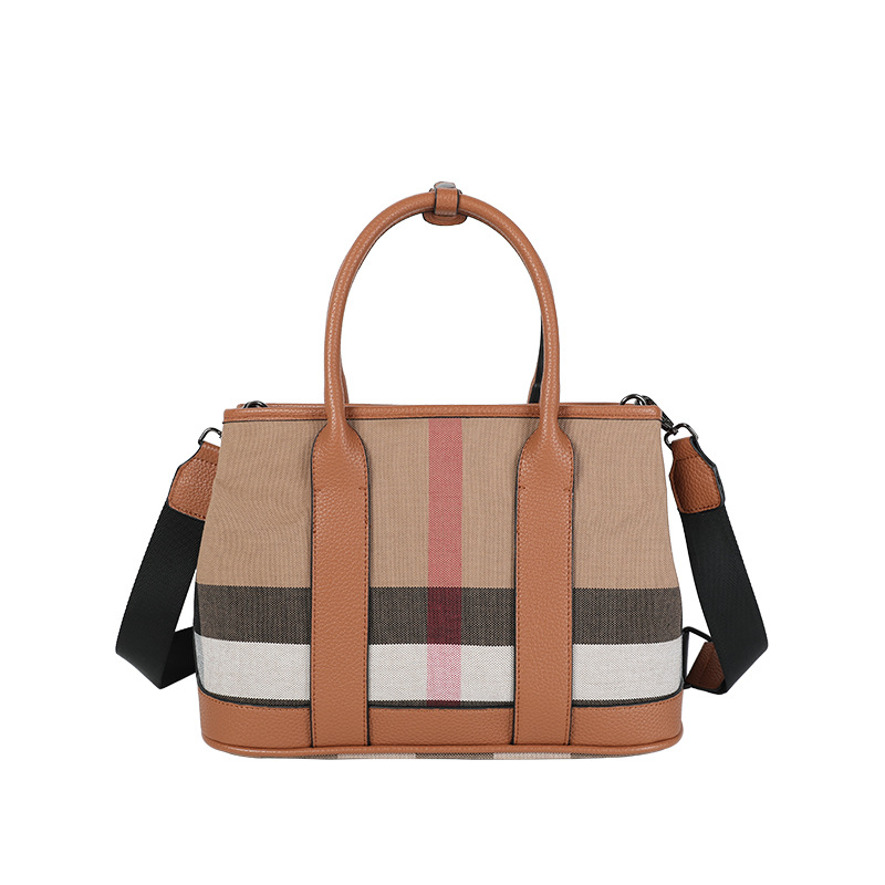 tote bag 2025 Retro canvas plaid bag for women Litchi grain handbag Large capacity. Versatile commuter bag Shoulder and crossbody bag