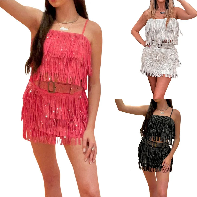 Womens Summer 2PCS Outfit Sets Sleeveless Sequins Sling Vest Tassel Mini Skirt with Belt 250324