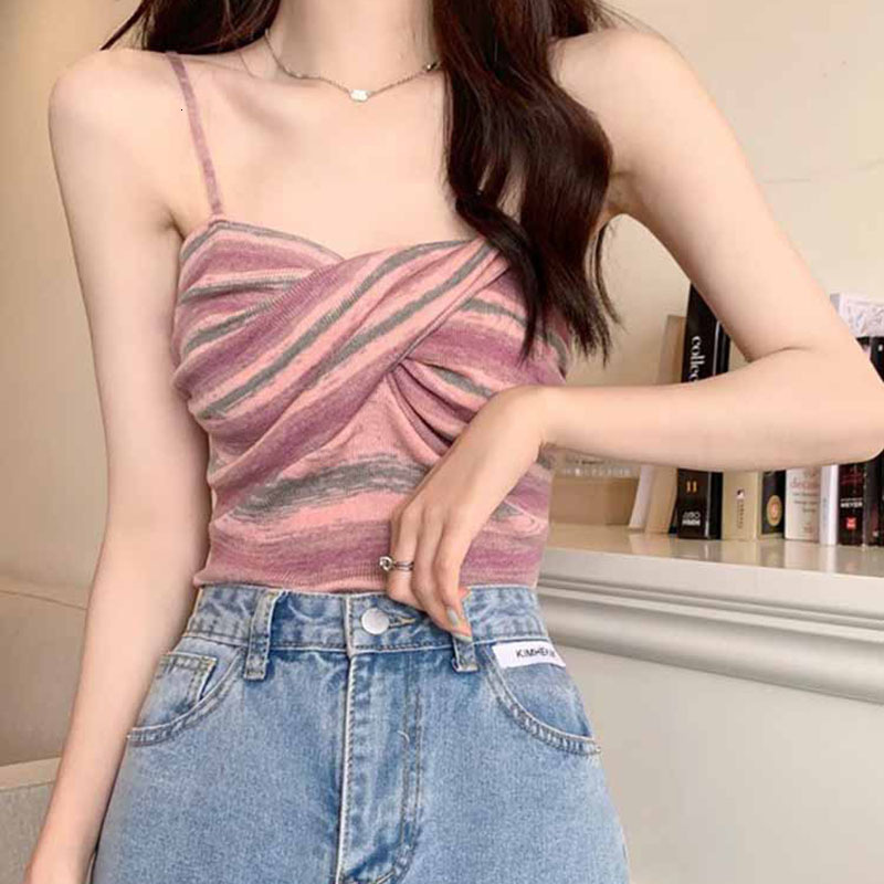 Colored Striped Design With A Sense Of Small Camisole For Wearing On Top Women's Spring Short Sexy Base Sweet And Spicy Inner Layer Top Trend