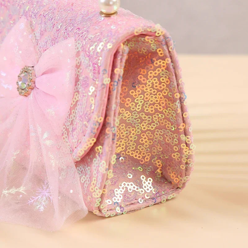 Fashion lace bow childrens shoulder bag pink glitter coin wallet girl pearl handbag Korean princess chain cross body bag 250322